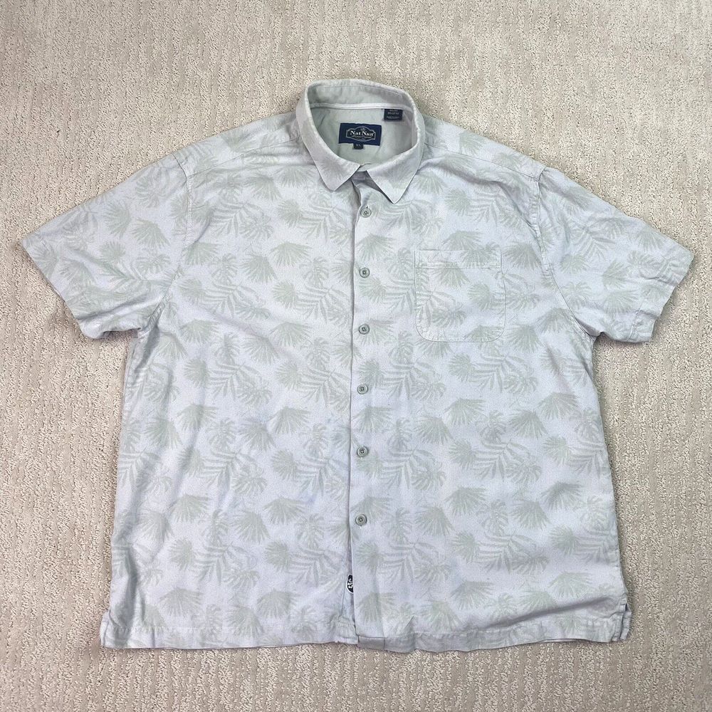 Nat Nast Button Up Silk Blend Shirt Mens XL White Green Short Sleeve‎ Floral